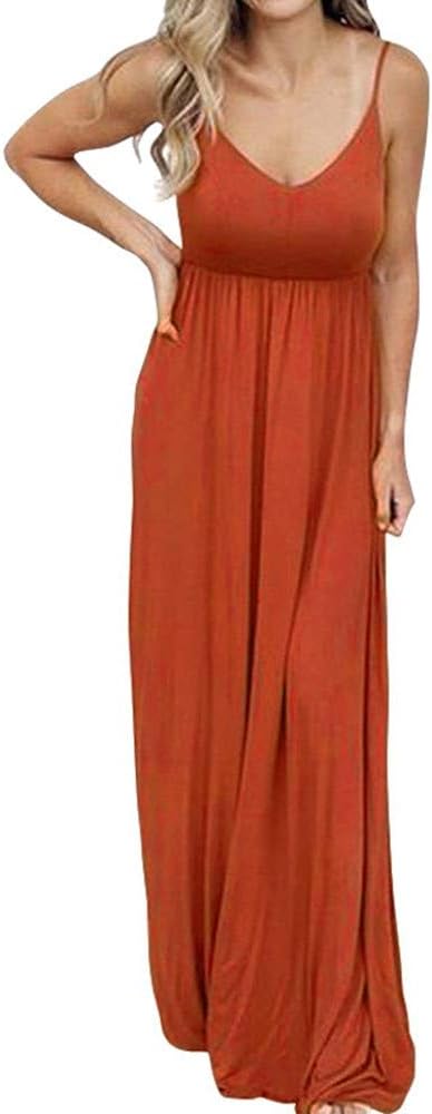 PALINDA Women's Sleeveless Summer V Neck Spaghetti Strap Casual Loose Empire Waist Maxi Dresses