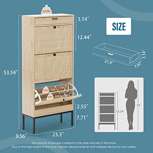 Brafab Freestanding Shoe Cabinet With 3 Flip Drawers, 2 Layer Shoe Shelf, Natural Rattan Shoe Storage Organizer, Slim Shoe Storage For Entryway, Hallway, Living Room (1 Piece, Oak) #TOP1