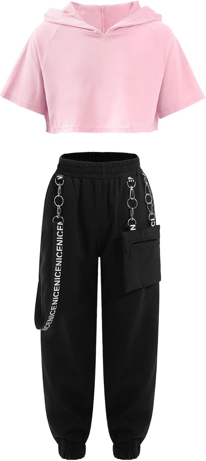 Kids Girls 2 Piece Tracksuit Hip Hop Dance Outfits Short Sleeve Hooded Crop Top with Jogger Sweatpants Set
