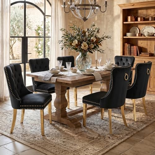 SoarFlash Ensemble de 6 chaises de Salle à Manger en Velours, Chaise tapissée capitonnée avec Bordure en Clous de cuivre, Jambes en Métal plaqué Or pour...