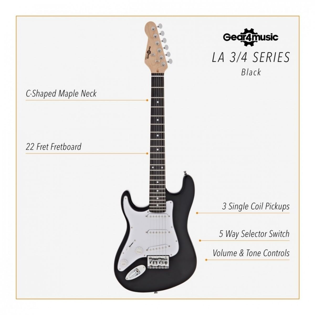 Chitarra elettrica completa per per mancini Serie LA di Gear4music, nero | Mancina e Pronta a Suonare, Manico Acero Liscio con Corpo Leggero in Paulonia, Tre Single Coil, Borsa, Nero