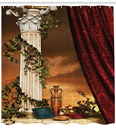 ABAKUHAUS Gothic Shower Curtain, Greek Style Scene Climber Pillow Fruits Vine and Red Curtain Sunset - Image 2