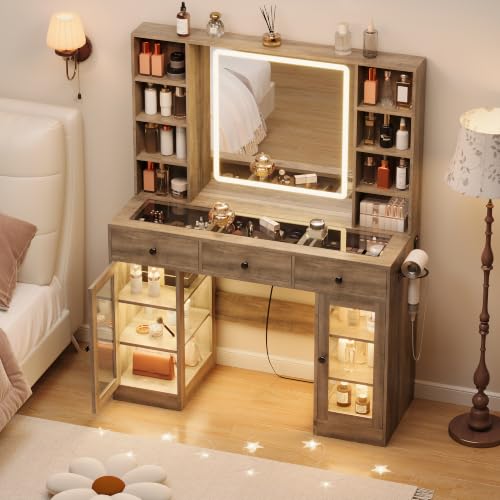 Image of Grey Vanity Desk with Mirror and Lights, Glass Top Vanity with Lighted Mirror & RGB Cabinet and 3 Drawers, Dressing Table with 8 Shelves, Makeup Desk with Lights for Girls Bedroom, 3 Color Modes