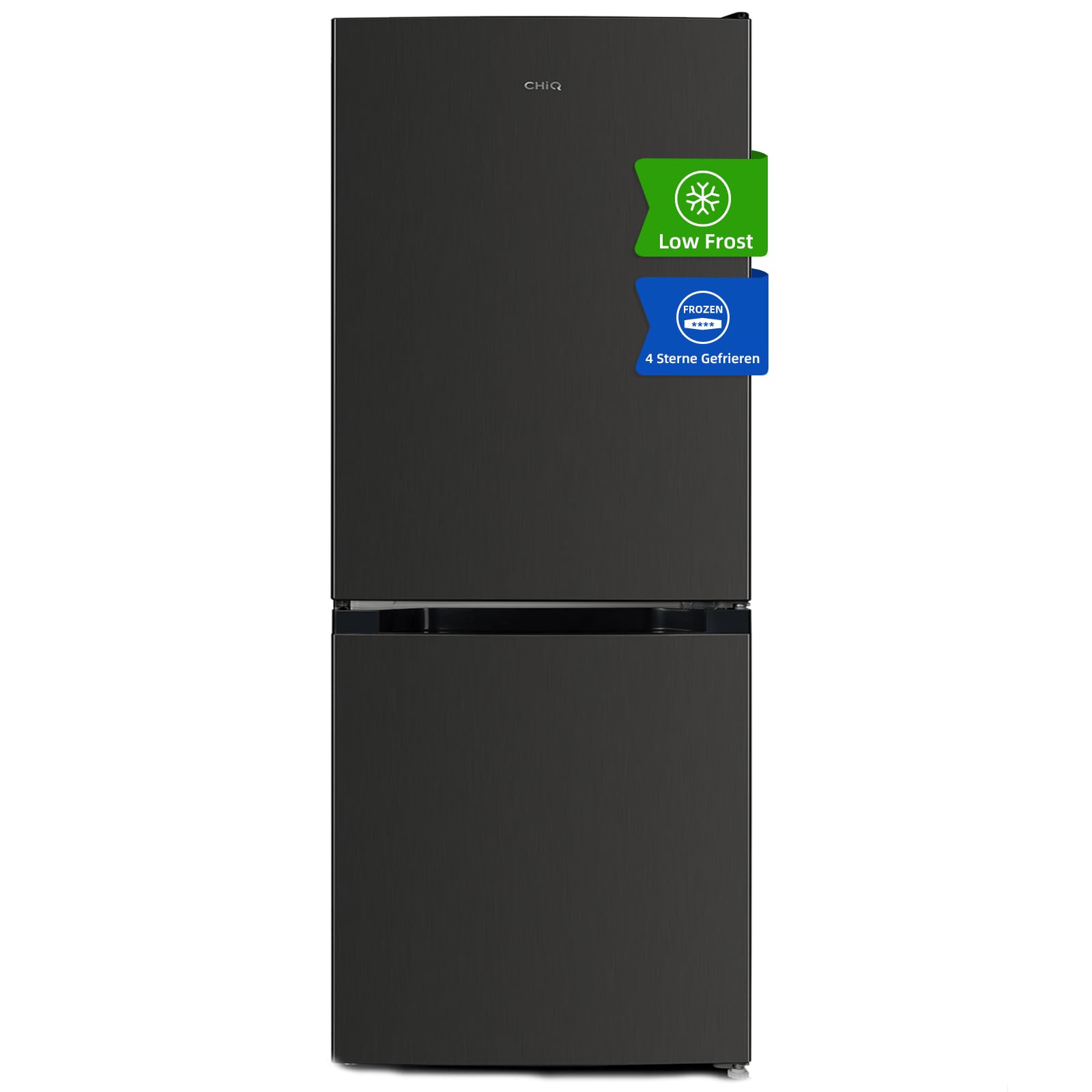 CHIQ Freistehender Kühlschrank mit Gefrierfach | Kühl-Gefrierkombination 114 cm Höhe, 47 cm Breit, 117L| 4 Sterne Gefrieren -24℃ | LED Litcht | Dunkler Edelstahl Look, for Eigentumswohnungen