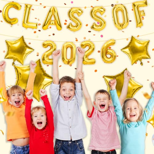 Image of Graduation Balloons, Class of 2026 Balloons, 16Inch Gold Grad Class of 2026 Letters Foil Balloon Sign with Star Balloons, Class of 2026 Decorations for High School College Graduation Party Decorations