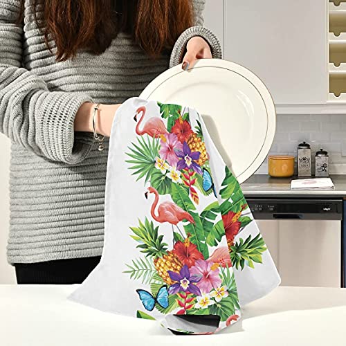 Tropical Flamingo Kitchen Dish Towels Set Of 4 Lint-Free 18X28 Inches, Summer Palm Leaves Hanging Kitchen Towels Dishcloths For Cooking Baking Home Tea Bar Clean #TOP6