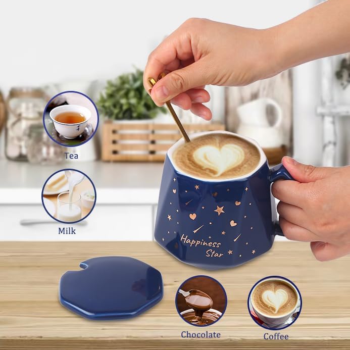 Miniatura 5 de Taza de café de regalo para mujeres y hombres, taza de té con tapa, bonita taza de cerámica de estrella de la felicidad para cumpleaños, graduación,