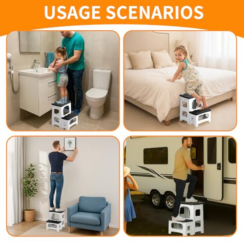 Image of 2 Step Stool Foldable, Non-Slip Steps, Folding Step Stool for Adults, Plastic Stool Pool Ladder, Collapsible Stools 2 Step Ladder for Kitchen Toilet Bedroom Office RV, Holds 330 lbs