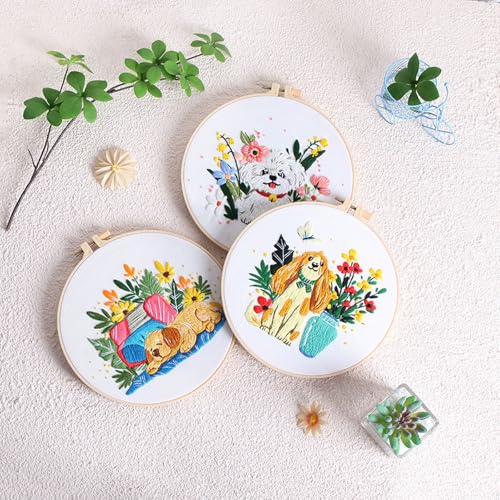 Image of GLTAYLMY Cute Dogs Embroidery Kit for Beginners with Pattern and Instructions,3 Pack Cross Stitch Kits,1 Plastic Embroidery Hoops,Threads and Needles,Needlepoint Kit for Adults