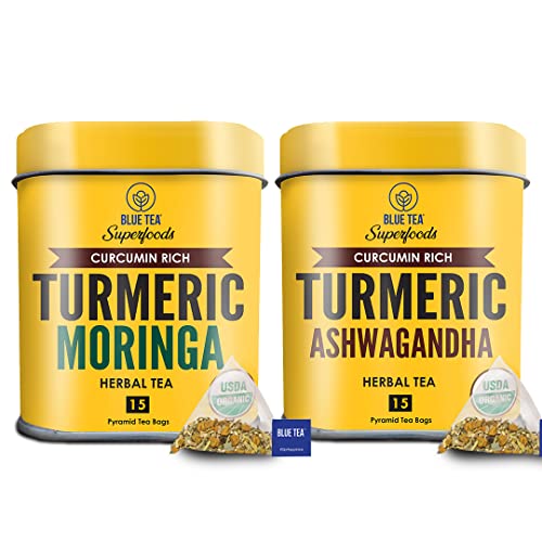 Blue Tea- Combo Pack - Turmeric Moringa Tea & Turmeric Ashwagandha Tea - 30 Pyramid Tea Bags || Superfood || Rich In Curcumin - Spiced Herbal Immunity Booster Tea | Plastic-Free, Gmo Free, Vegan #TOP23