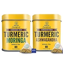 BLUE TEA- Combo Pack - Turmeric Moringa Tea & Turmeric Ashwagandha Tea - 30 Pyramid Tea Bags | Rich in Curcumin - Spiced Herbal Tea | Plastic Free, Non Bitter