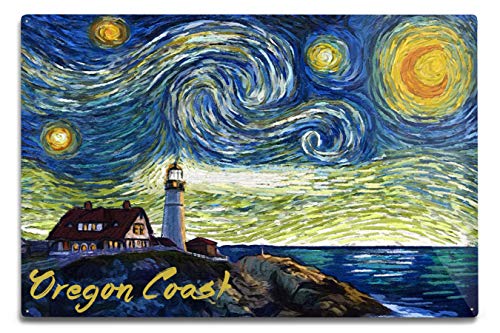 Lantern Press Oregon Coast, Lighthouse, Starry Night (12x18 Aluminum Art, Indoor Outdoor Metal Sign Decor)