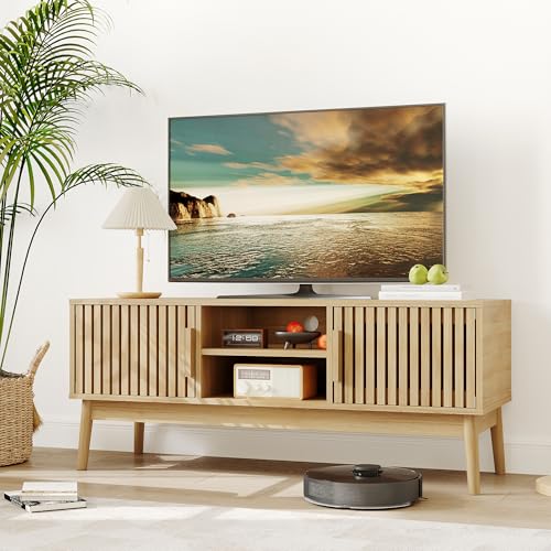 Garvee Boho TV Stand for Living Room, Modern Entertainment Center for TVs Up to 50 Inch, Television Console Table with Fluted Door Storage Cabinet and