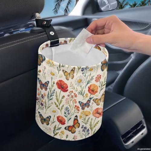 Image of Floral Daisy Butterfly Car Trash Can Garbage Bin Universal Hanging Cars Garbage Can Cars Interior Accessories Fit Most Vehicle SUV Truck