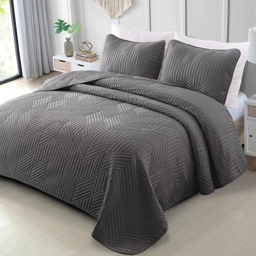 Exclusivo Mezcla Ultrasonic Twin Quilt Bedding Set, Lightweight Grey Bedspreads Soft Modern Geometric Coverlet Set for All Seasons (1 Quilt and 1 Pillow Sham)