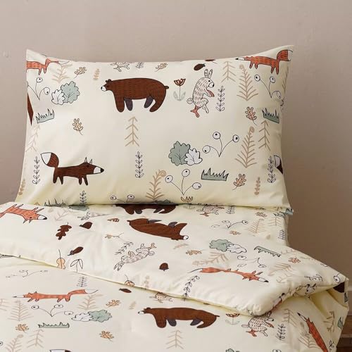 Image of CLOTHKNOW 4Pieces Yellow Animal Toddler Bedding Sets for Boys Girls Kids | 4Pcs Bedding Sets, Cartoon Fox Bear Pattern, Soft Crib Bed Sets