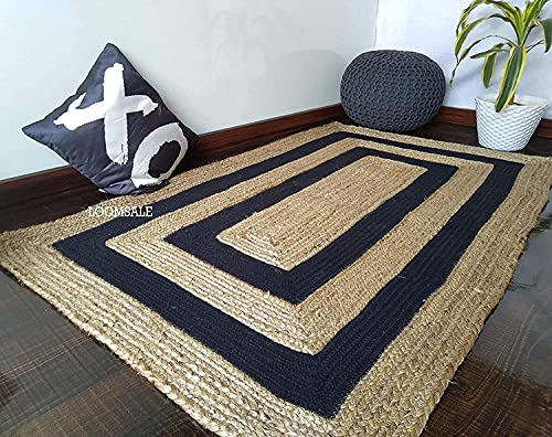 Image of Jute Braided Natural Hand Woven & Reversible Rug for Living Room Kitchen Entryway, Farmhouse Rustic Burlap Carpet Floor Mat (Blackjute, 2X8-feet)