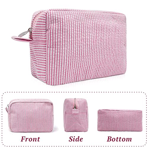 Gfu Seersucker Cosmetic Bag, Travel Toiletry Stripe Makeup Bag, Large Women Aesthetic Organizer Storage Pouch, Girls Handbags Purses (Pink) #TOP5