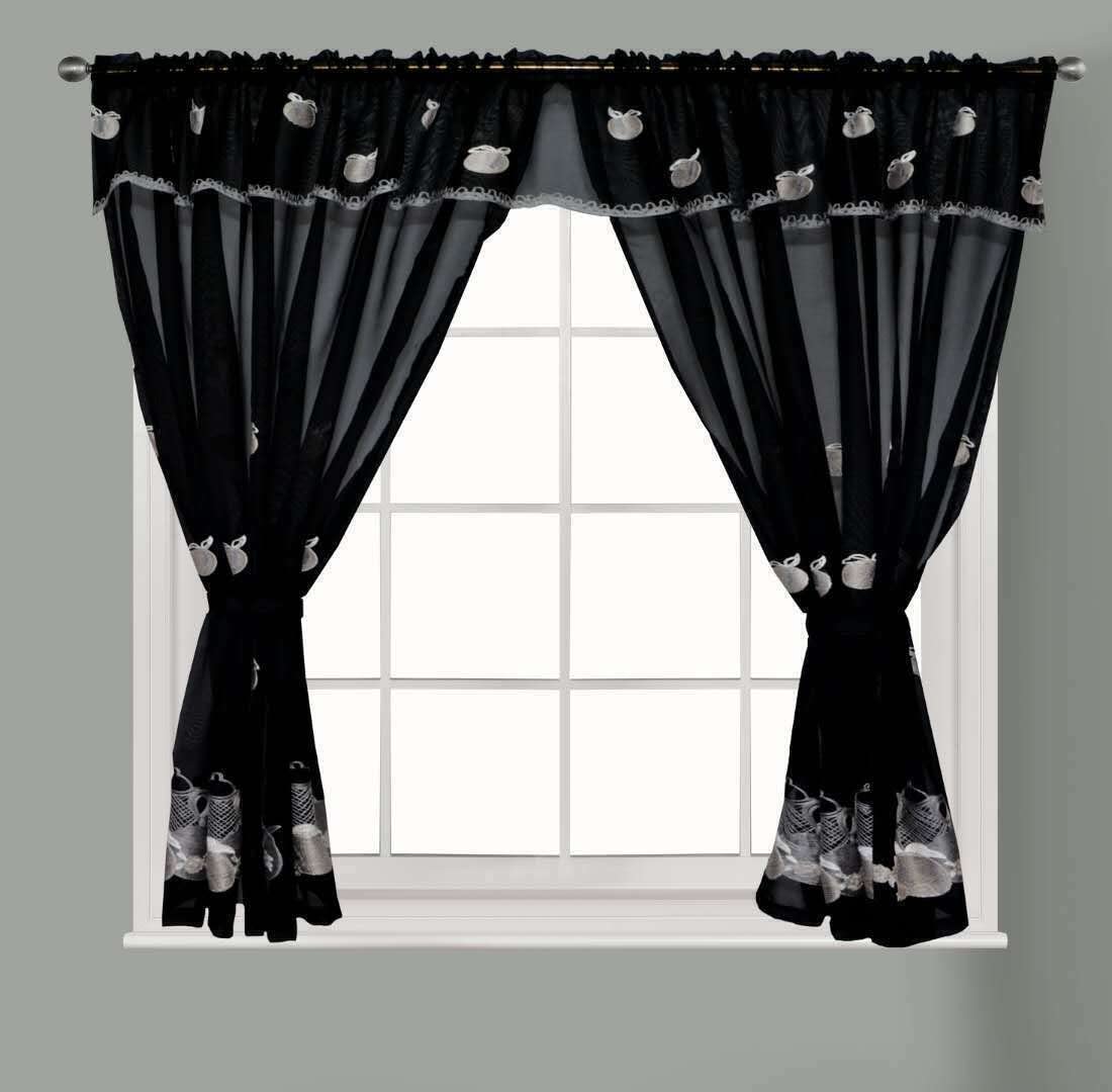 New Embroidered Kitchen Curtains Pair Set Rod Pocket With Attached Valance & Tiebacks (Black, 48"x36")