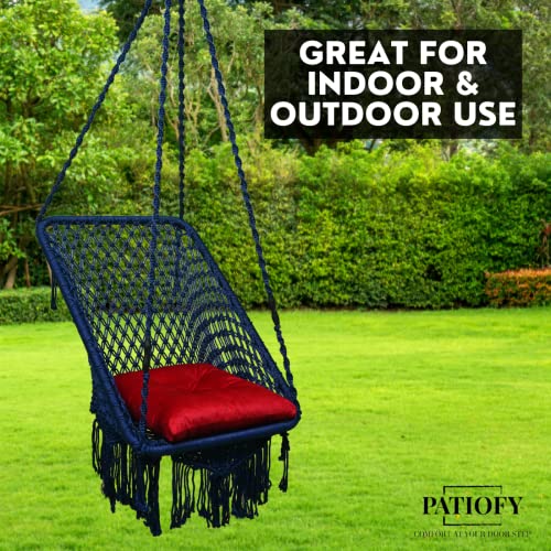 Image of Patiofy Swing for Balcony /Jhula for Adults /Swing for Adults for Home /Premium Square Hanging Swing /Includes Hanging Kit & 20 * 20 Inches Sitting Red Cushion (Navy Blue)