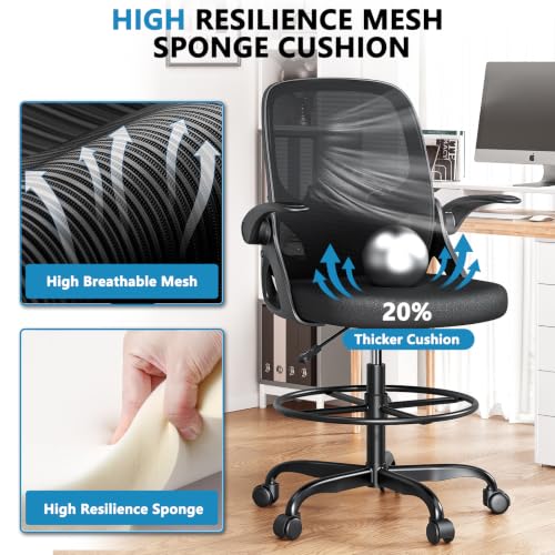 Image of Kensaker Drafting Chair Tall Office Chair, Ergonomic Standing Desk Chair with Adjustable Foot Ring and Flip-up Armrests, Mesh Computer Chair for Art Studio, 300 LBS, Black