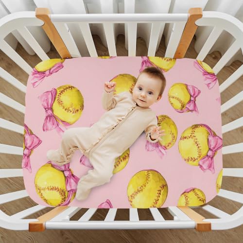 Image of Bow Softballs Baseball Crib Sheets Soft Breathable Fitted Baby Crib Sheets Mattress Cover for Girls Boys, 52 inch x 28 inch x 9 inch