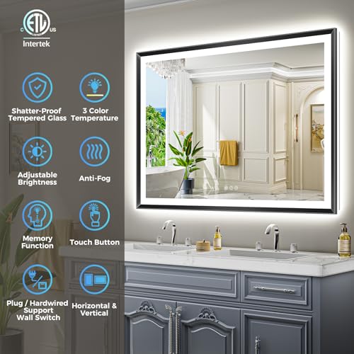 Image of 48x36 LED Bathroom Mirror with Lights, Black Lighted Mirror | Backlit and Front light, Anti-Fog, 3 Color Dimmable, Memory, Tempered Glass, IP54 Waterproof, UL Listed