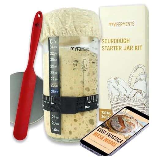 myFERMENTS - Kit Masa Madre Premium | Tarro Fermentador 730 ml | Espátula de Silicona | Medidor de Crecimiento | Termómetro Adhesivo | Guía para Hacer Pan | Ideal para Pan Casero, 730 ml, Vidrio