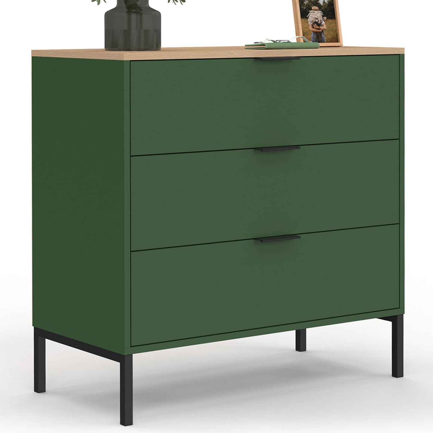 IDMarket - KELIA 80 cm cassettiera a 3 cassetti verde cachi con piano in legno