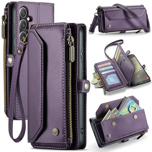 for Samsung Galaxy S24 Plus Wallet Case with 10 Card Slots RFID Blocking Magnetic Closure Zipper Cash Bills Pocket, Premium PU Leather with Crossbody Wristlet Strap - Purple Purple S24 Plus