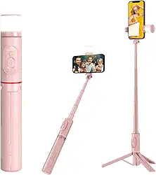 Bastão Pau de Selfie Tripé com Iluminação LED e Controle Bluetooth – Suporte Portátil 3 em 1 para Celular, Ajuste de Altura e Rotação 360° (Rosa)