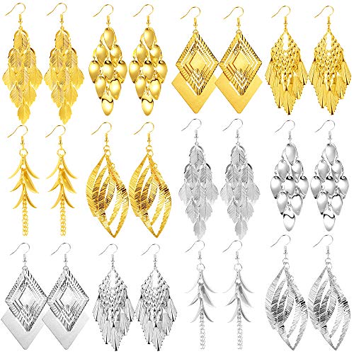 Sunmoon Bohemia Metal Earrings Set Vintage Statement Drop Dangle Earrings for Women Girls, Gold and Silver 12 Pairs/set Valentine Day Gift for Her