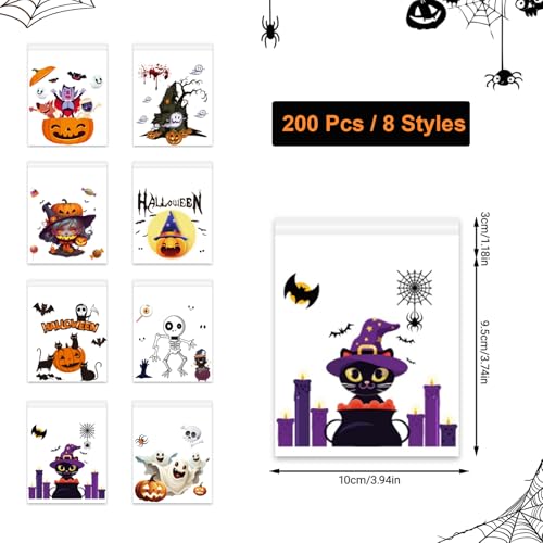 koutey 200 Pcs Halloween Goodie Bags Small Cellophane Treat Bags, 8 Styles Self Adhesive Clear Cookie Treat Candy Bags for Halloween Party Favors, Homemade Crafts, Snack Goody Gift Packing - image 2