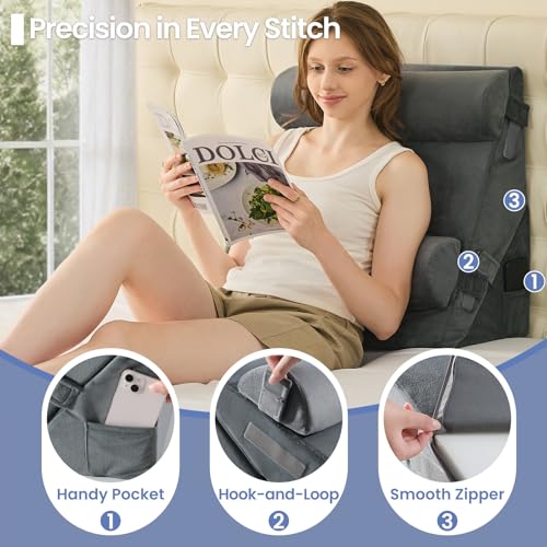 Image of Sasttie Wedge Pillow Set for After Surgery, 3PCS Adjustable Bed Wedge Pillow Headboard with Memory Foam Neck Cushion - for Acid Reflux, Sleeping, Neck & Back Support, Velvet & Dark Grey