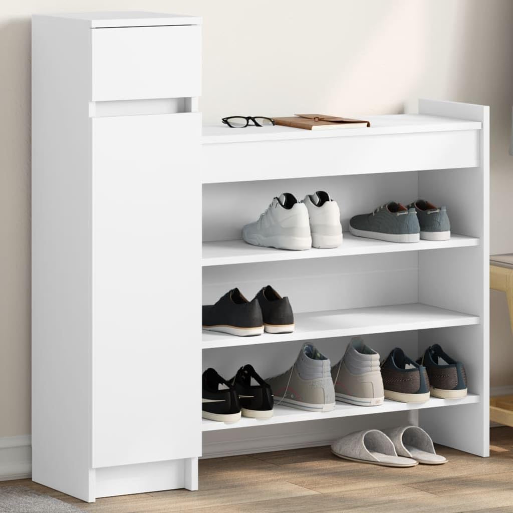 Biała szafka na buty, materiał drewnopochodny, 100,5 x 28 x 100 cm, z 1 szufladą, 2 drzwi, 4 półki, do korytarza, wejścia, sypialni, stylowa