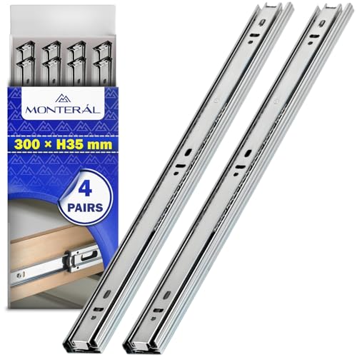 4 Pares Guias Correderas para Cajones con Rodamiento de Bolas 300 mm x H 35 mm - Rieles para Cajones Telescopicas de Extensión Total - Garantía de 10 Años - MONTERAL