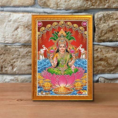 Image of CRAFT QUEST Lakshmi Devi Wall Painting Photo Frame for Diwali Pujan (Synthetic, Golden, Sparkle Finish, Small Size, 8 X 6 Inch)