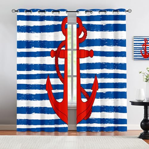 HYGIUID Retro Nautical Anchor Curtains for Living Room, Nautical Sailor Stripes Black...