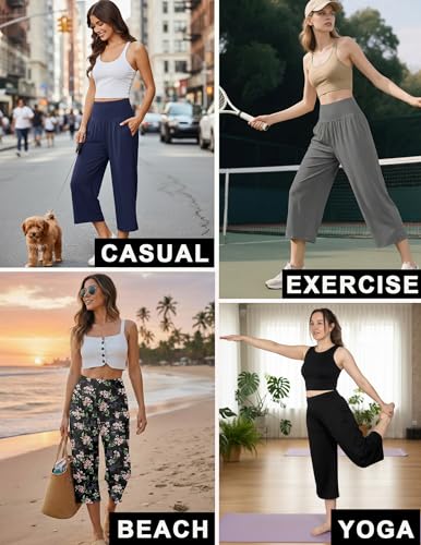 Image of Ekouaer 2 Pack Womens Pajama Pants 2026 Wide Leg Capri Yoga Pants Lounge Comfy Sleep Pj Bottoms with Pockets