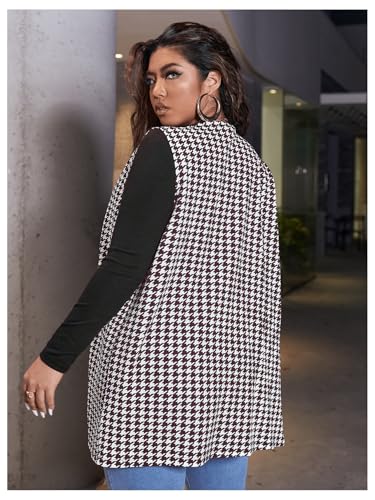 Women's Plus Size Houndstooth Print Vest Blazers Open Front Cardigans3