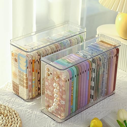 TYESTAND Cell Phone Case Storage Box Multifunctional Plastic iphone Case Organizer Clear Storage Holder Box with Lid for Cell Phone Basic Cases for Desk,Cupboard,Cabinet (With Lid-2PCS)