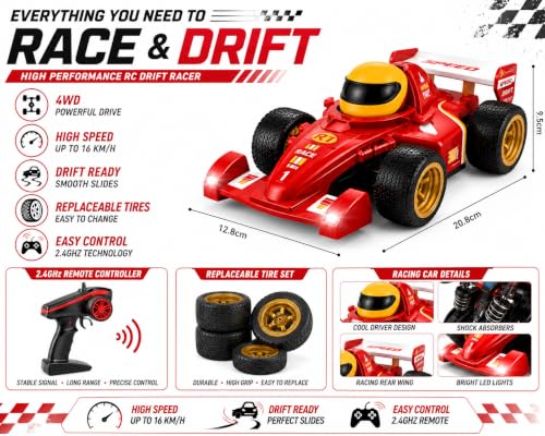 Image of RC Formula Drift Car for Kids, 2.4GHz 4WD Remote Control Racing Car, 16KM /H High Speed Drift Vehicle with Replaceable Tires, 360 Steering, Racing Toy Gift for Boys & Girls (Multicolor)
