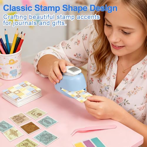 Image of 2 PCS Stamp Puncher, Postage Stamp Punch with Double-Sided Adhesive Tape, Craft Scrapbooking Tool for DIY Card Making, Junk Journal Stamp Cutter, Art Project Suppliesl,0.78in*0.59in