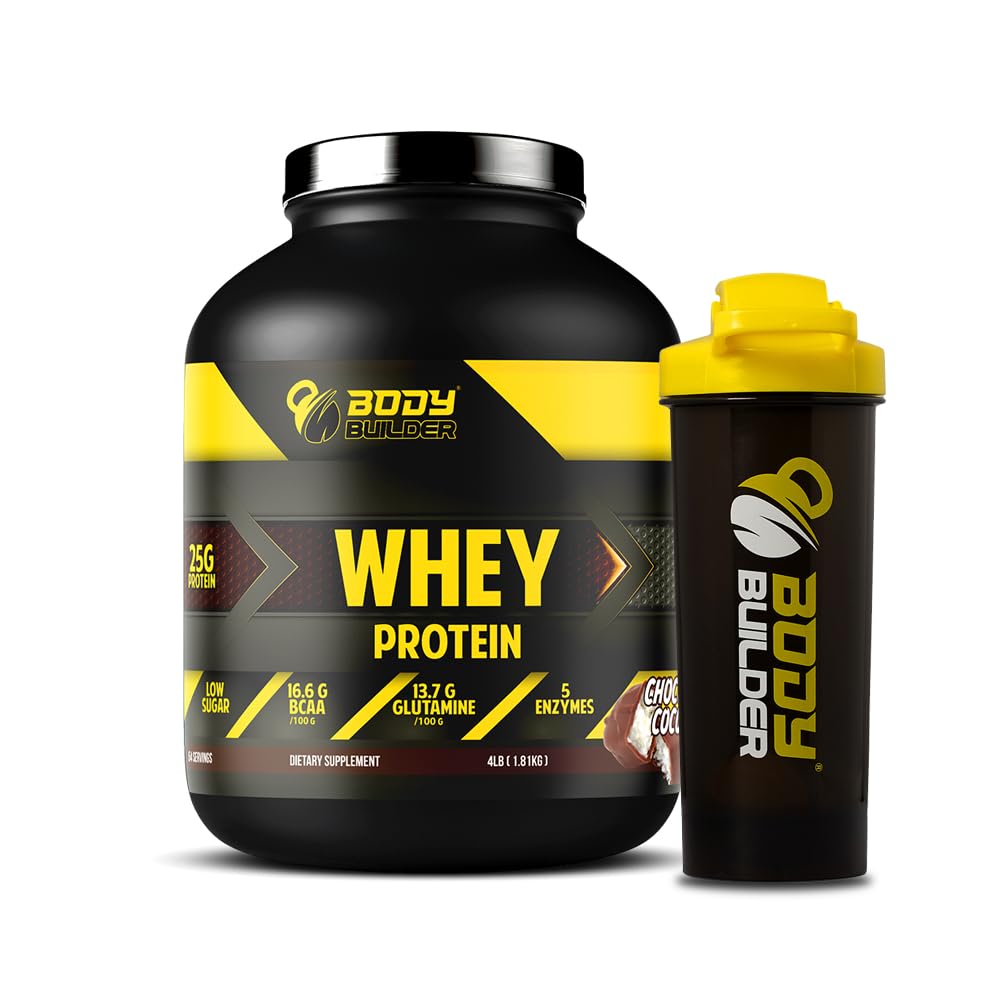 Body Builder 100% Whey Protein - 25g Protein, BCAAs, Glutamine, Digestive Enzymes for Lean Muscle Growth & Endurance, Suitable for Vegetarians & Keto Dieters (Chocolate Coconut, 4 LB)-SHAKER FREE Chocolate Coconut 4 LBS