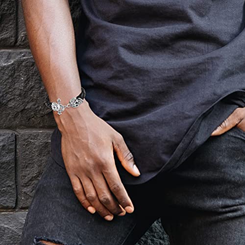King Baby .925 Sterling Silver Unisex Braided Black Leather Bracelet With Crowned Toggle And Day Of The Dead Skull Finial - 8-3/4" #TOP2