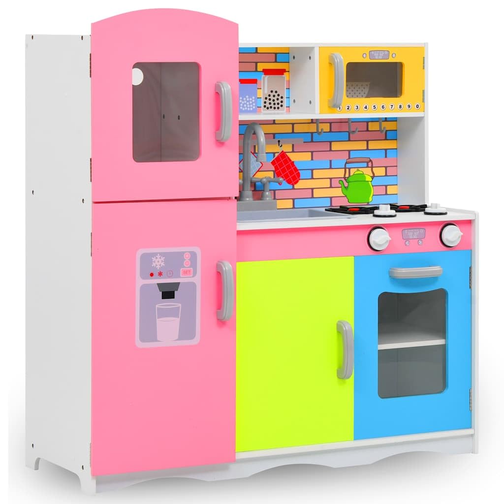 Kinderspielküche MDF mit Mikrowelle, Herd, Spüle und Kühlschrank 80 x 30 x 85 cm Mehrfarbig, pädagogisches Rollenspiel Zubehör für Kleinkind Mädchen Junge, Motorik Förderung