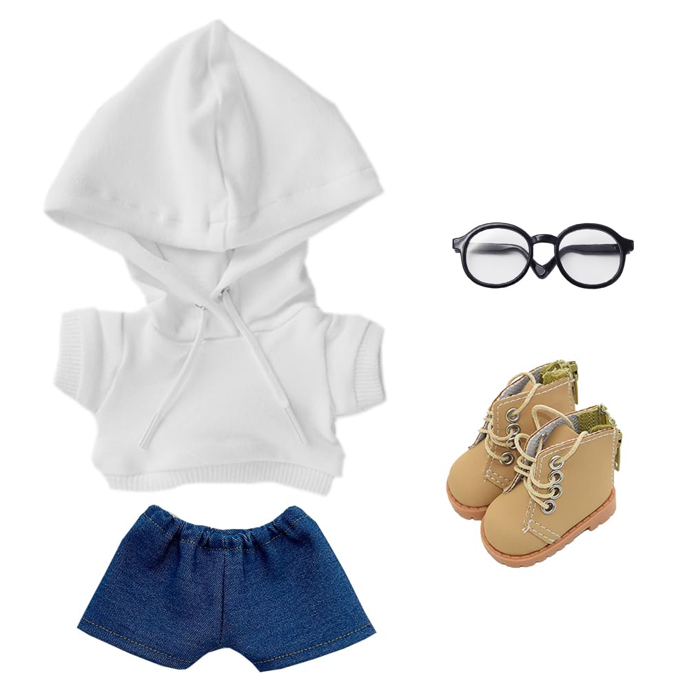 niannyyhouse Luźna, solidna bluza z kapturem, dżinsy, okulary, wysokie skórzane buty, 10 cm, 15 cm, 20 cm, pluszowe ubrania dla lalek, miękkie, wypchane, pluszowe akcesoria do przebierania, a2, 20 cm