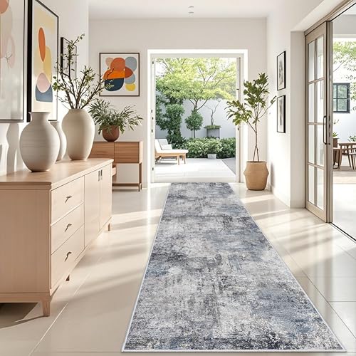 Washable Wide Runner Rug 4x12 - Living Room Abstract Runner Rugs Soft Low Pile Indoor Carpet for Bedroom Kitchen Non Slip Backing Stain Resistant Distressed Floor Decor Machine Washable Mat 4x12 Blue
