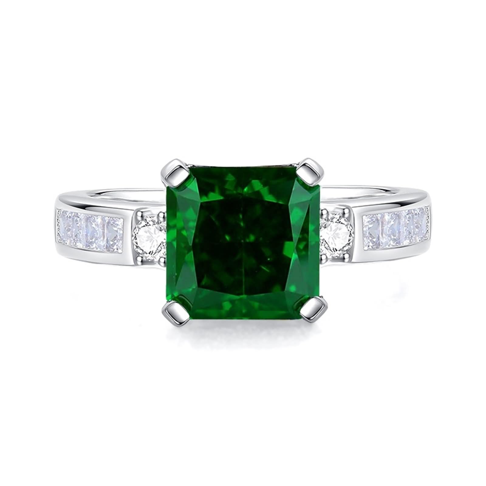 Eheringe Vintage, Vintage Ring mit 8 X 8 mm Quadratischem, Im Labor Hergestelltem Smaragd und Moissanit Silber 9K Weißgold Größe 49 (15.6)