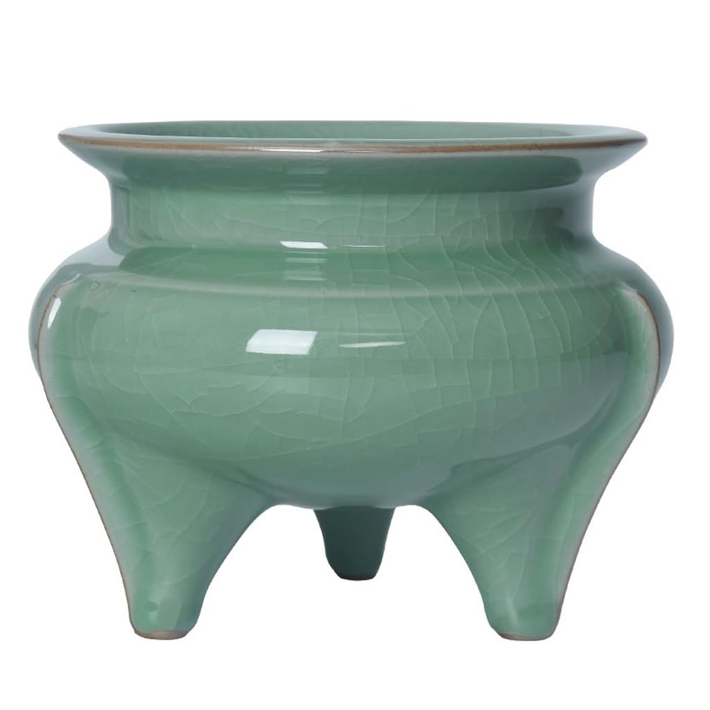 Incense Holder Base Celadon Incense Burner Home Worship High-leg Three-legged Furnace Indoor Ceramic Aromatherapy Ornaments(S)